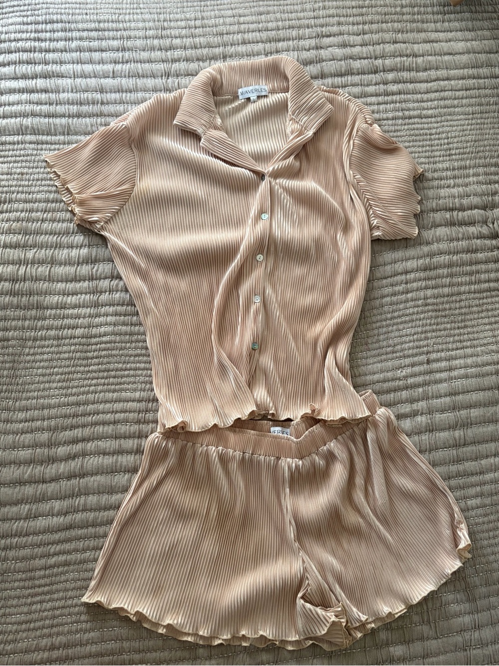 Women's Short Sleeve Satin Pajama Set - Beige - Picture 3 of 4
